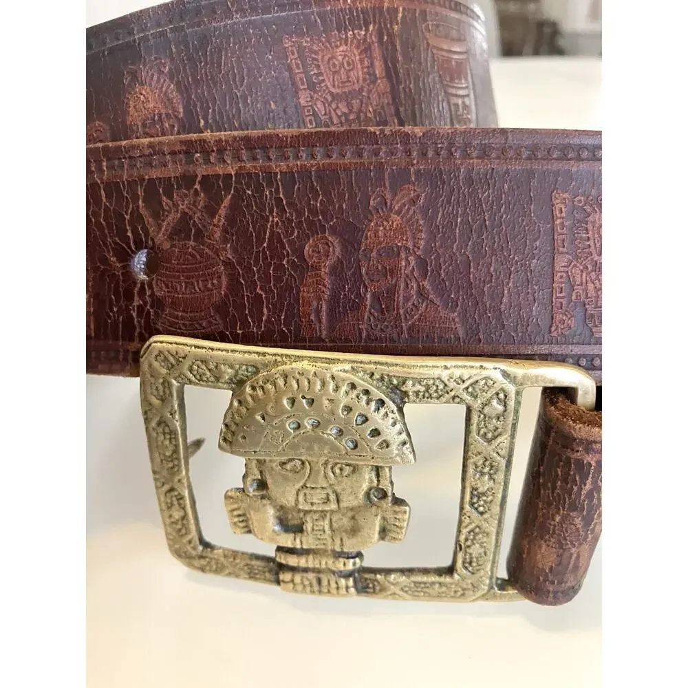 Vintage Brass Buckle Belt Tooled Leather Peruvian Inca Tumi God Native Symbols